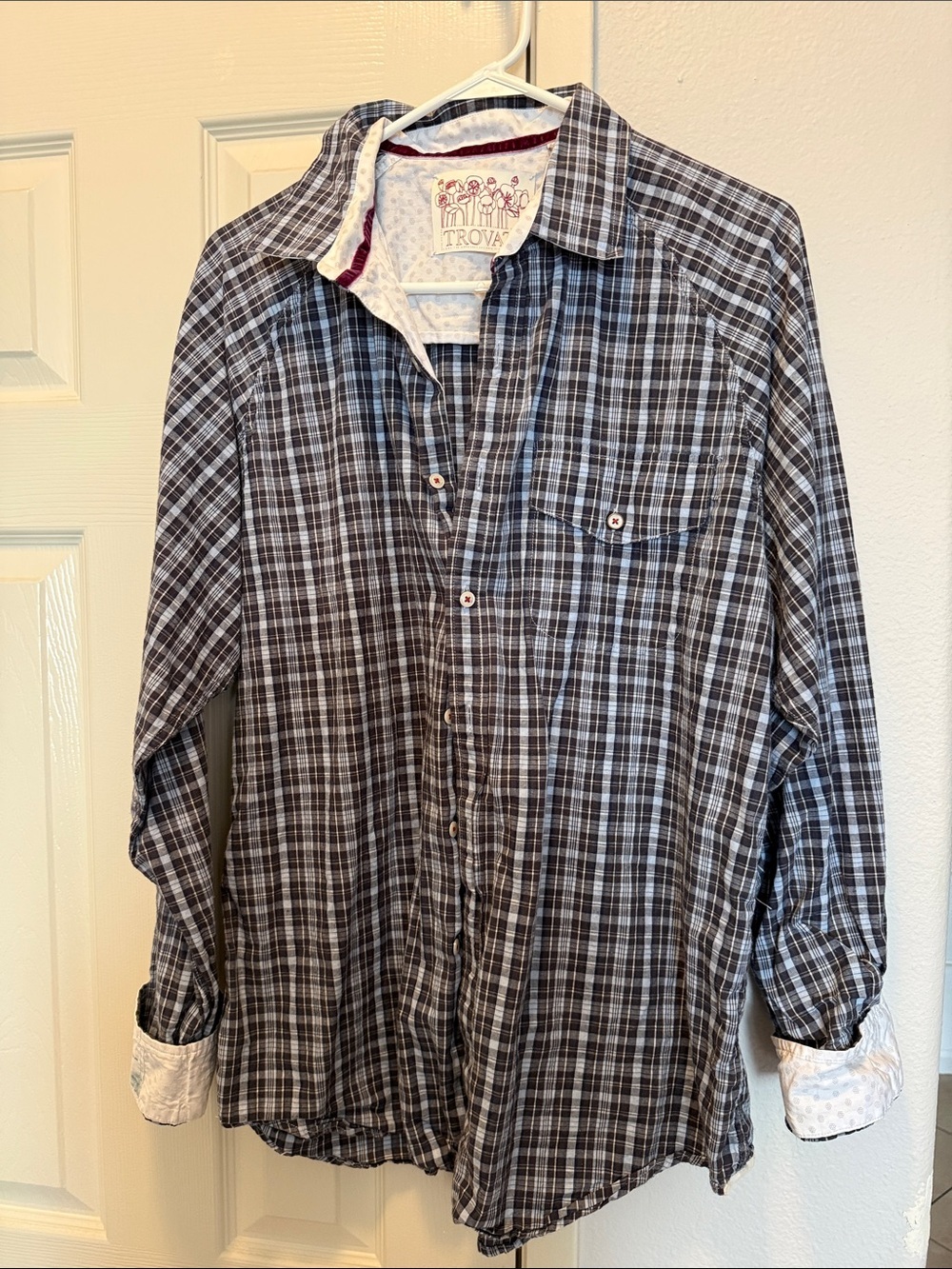 Trovata Grey Blue Plaid Long Sleeve Button Down Shirt Men's XL